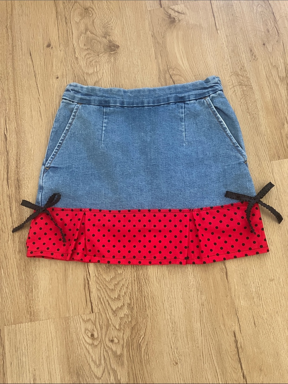 Y2k Forever 21 Coquette Denim Mini Skirt with Red Polka Dot Ruffle